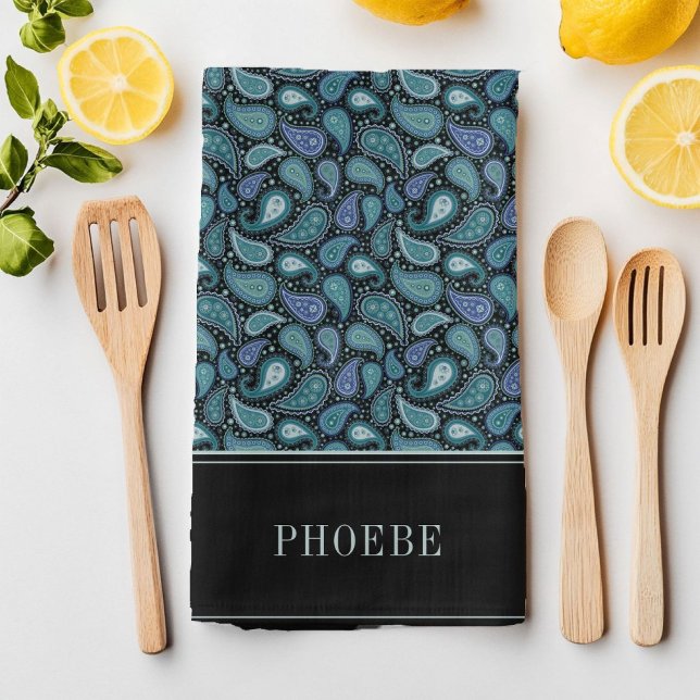 Linge De Cuisine Votre nom sur Eleagant Retro Blue Paisley Motif (Your Name On Eleagant Retro Blue Paisley Pattern Kitchen Towel)