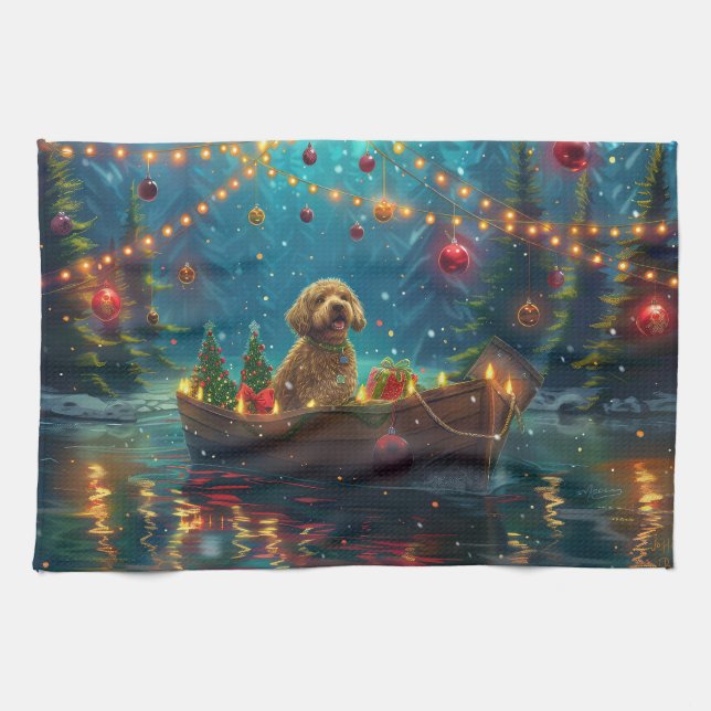 Linge De Cuisine Voyage de fête de Noël de Goldendoodle (Horizontal)