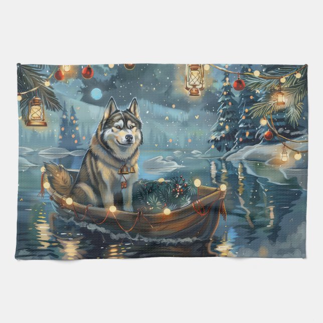 Linge De Cuisine Voyage de fête de Noël du Malamute d'Alaska (Horizontal)