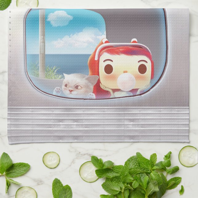 Linge De Cuisine Voyage en train avec chat (Plié)