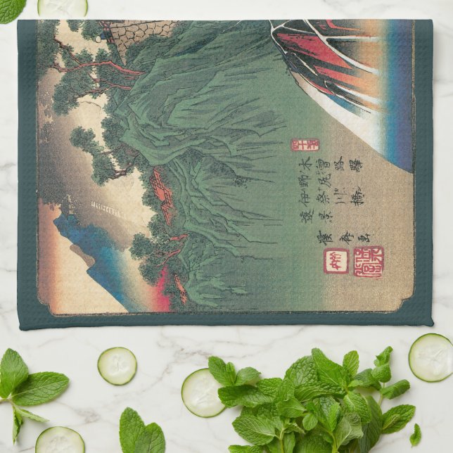 Linge De Cuisine Vue du pont sur la rivière Ina, Nojiri par Hiroshi (Plié)