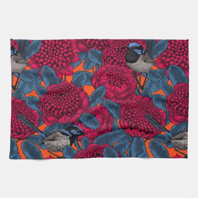 Linge De Cuisine Waratah rouge et brunes (Horizontal)