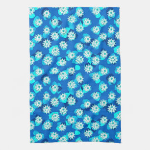 Linge De Cuisine Water Lily Motif, Turquoise, Bleu et Blanc