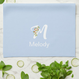 Linge De Cuisine Watercolor botanical beige initial monogram blue