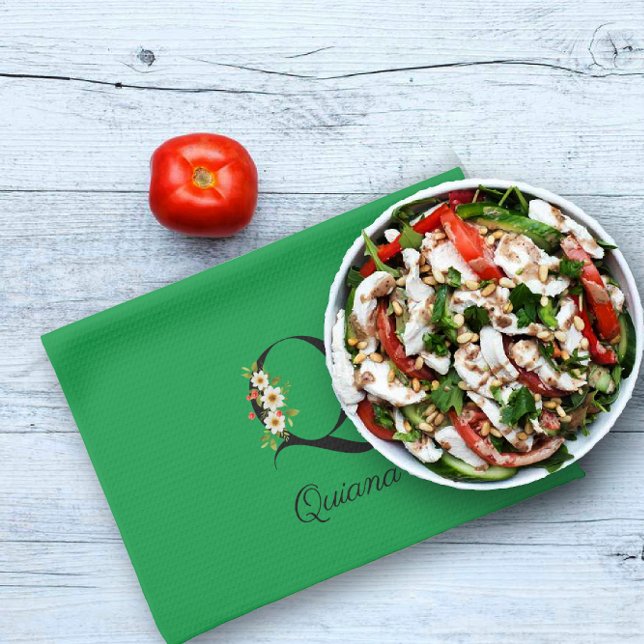 Linge De Cuisine Watercolor botanical green initial monogram (Créateur téléchargé)