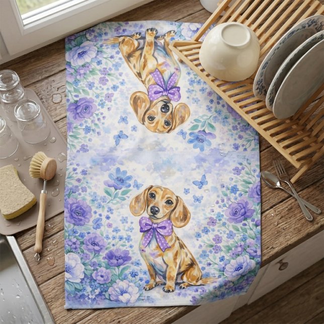 Linge De Cuisine Watercolor Dachshund Purple Floral  (Watercolor Dachshund Purple Floral Kitchen Towel)