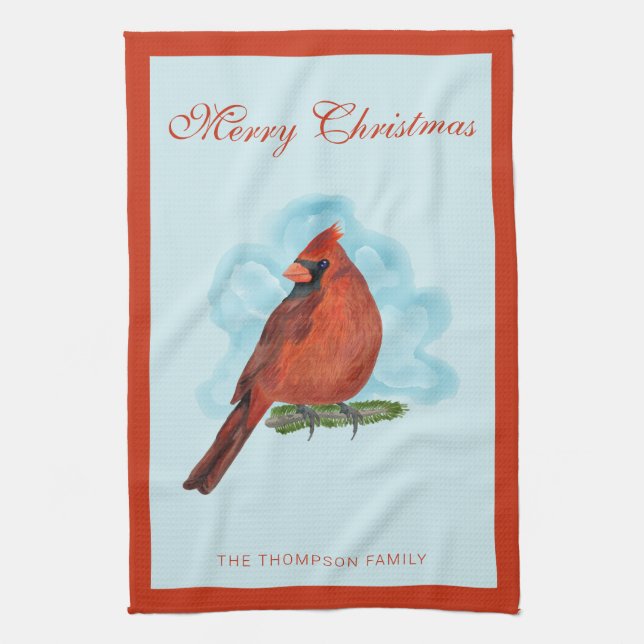 Linge De Cuisine Watercolor Red Cardinal Bird Merry Christmas (Vertical)
