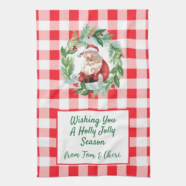 Linge De Cuisine Watercolor Santa Red Check Jolly Christmas (Vertical)