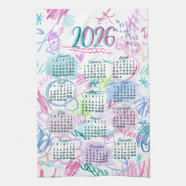 Linge De Cuisine Watercolor Scribbles Calendrier Tea Towel 2026 (Vertical)
