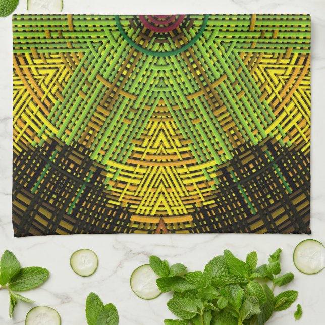 Linge De Cuisine Weer Mandala vert jaune et rouge (Plié)
