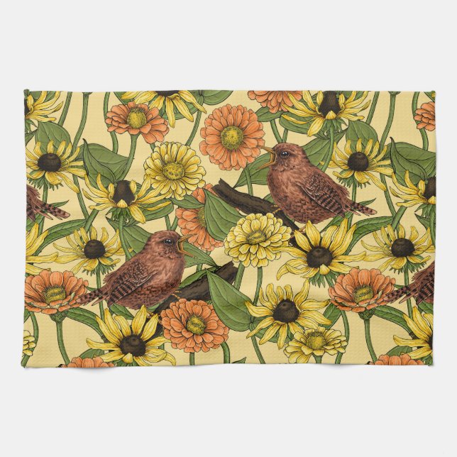 Linge De Cuisine Wens et fleurs sur jaune pâle (Horizontal)