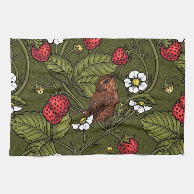 Linge De Cuisine Wens et fraises sur vert foncé (Horizontal)