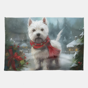 Linge De Cuisine West Highland White Terrier Dog dans la neige Noël