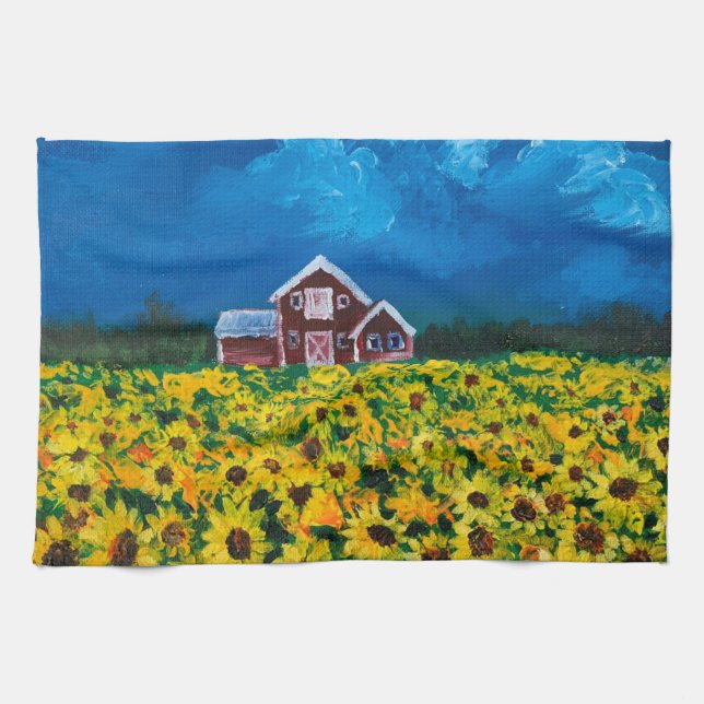 Linge De Cuisine western country red barn summer sunflower field (Horizontal)