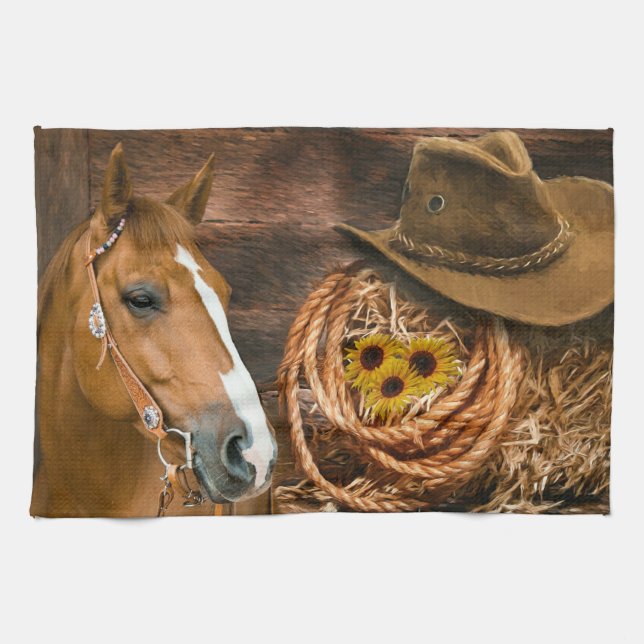 Linge De Cuisine Western Horse Cowboy Casquette Lasso Sunflowers (Horizontal)