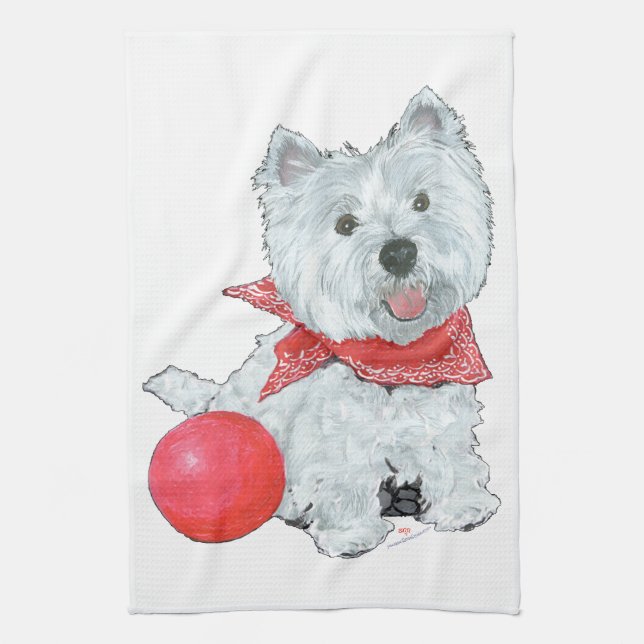 Linge De Cuisine Westie avec balle rouge (Vertical)
