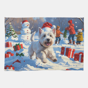 Linge De Cuisine Westie courant dans la neige avec un chapeau de No