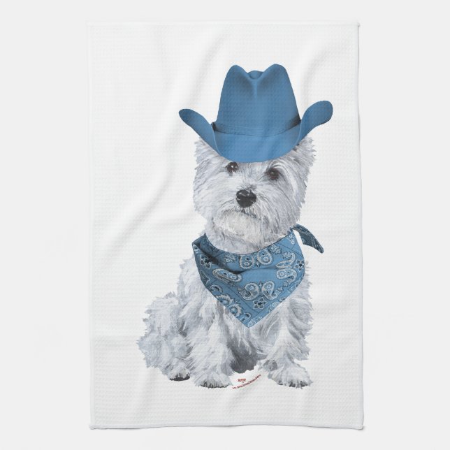 Linge De Cuisine Westie Cowboy en Bleu (Vertical)