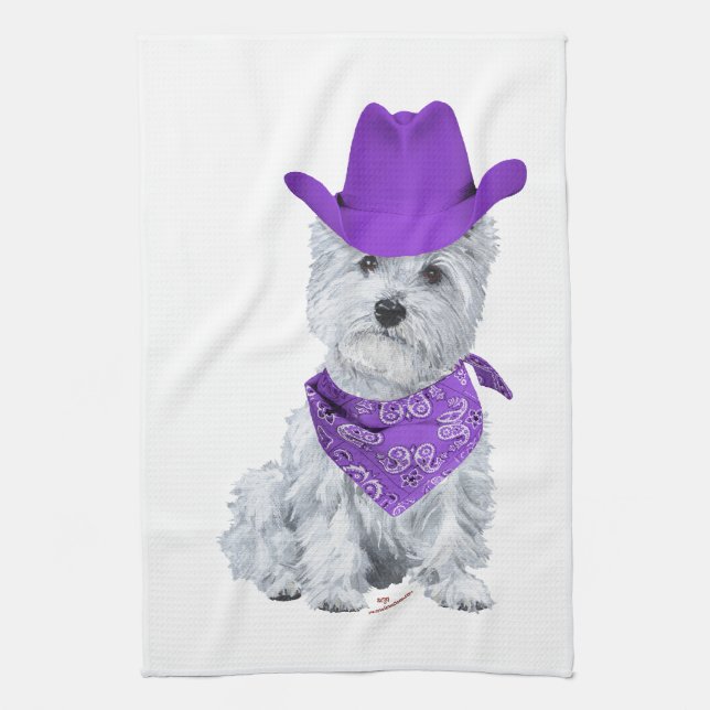 Linge De Cuisine Westie Cowboy en Violet (Vertical)