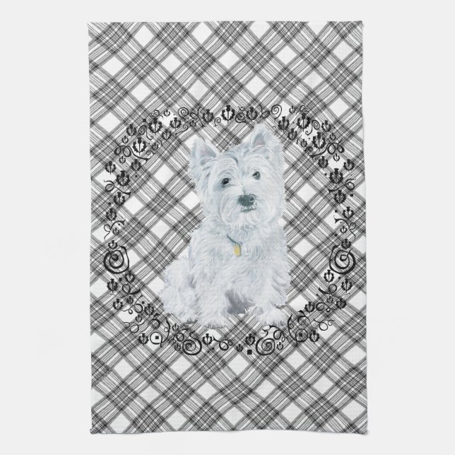 Linge De Cuisine Westie sur Tartan (Vertical)