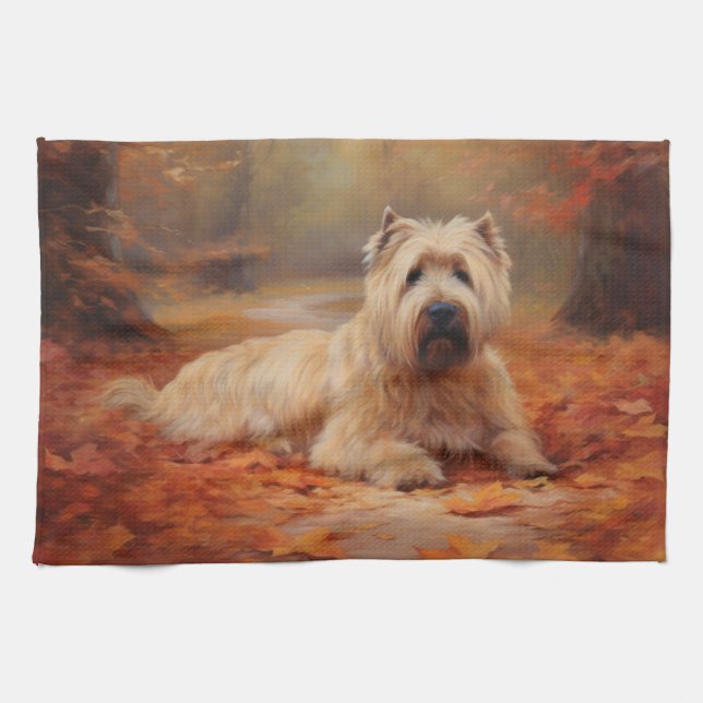 Linge De Cuisine Wheaten Terrier dans les feuilles d'automne automn (Horizontal)
