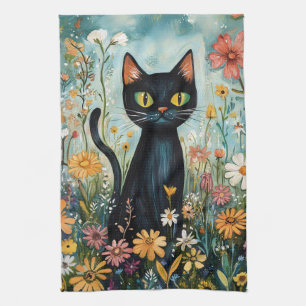 Linge De Cuisine Whimsical Black Cat avec illustration Fleur sauvag