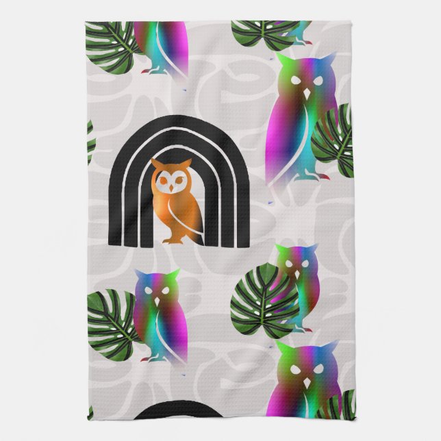Linge De Cuisine Whimsical Boho Owl & Tropical Monstera Leaf (Vertical)