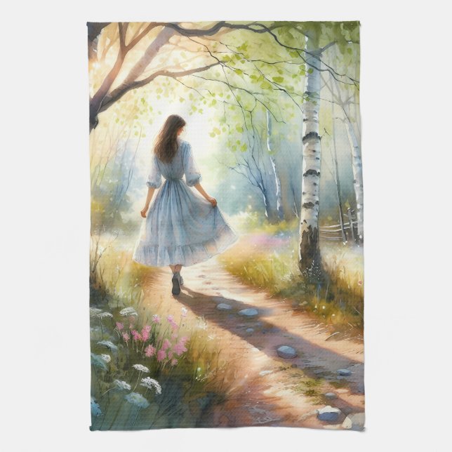 Linge De Cuisine Whimsical Girl Dancing Through Birch Forest (Vertical)