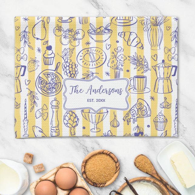 Linge De Cuisine Whimsical Italian Food Illustration Yellow Stripes (In situ)