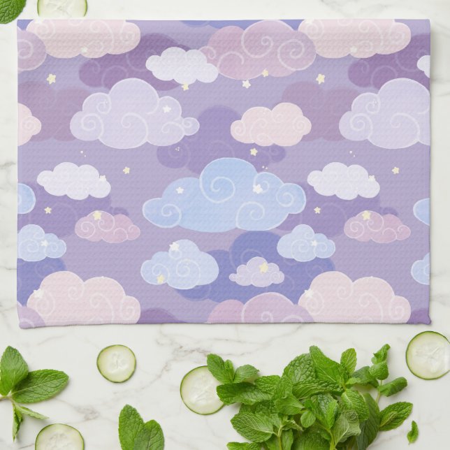 Linge De Cuisine Whimsical Pastel Clouds et étoiles Motif (Plié)