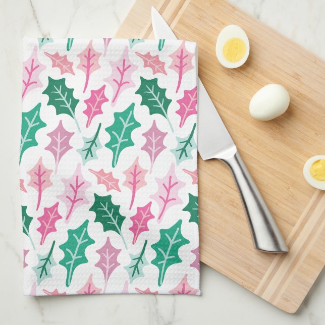 Linge De Cuisine Whimsical Pink and Green Christmas Holly Leaves (Quart Plié)