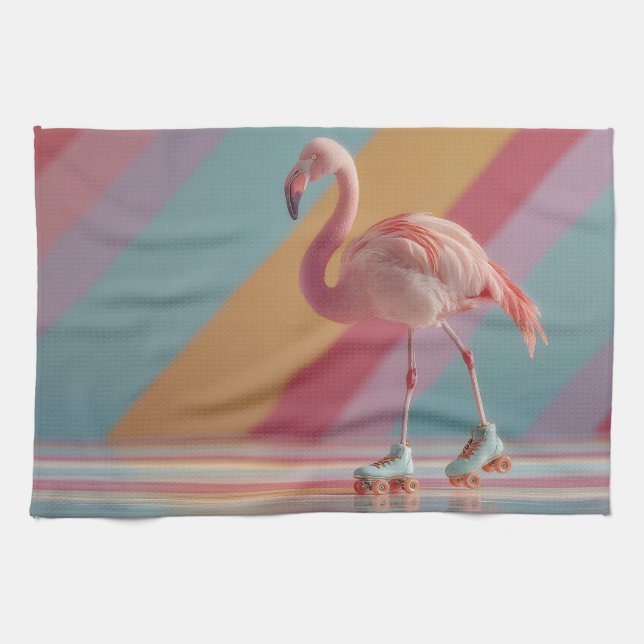 Linge De Cuisine Whimsical Pink Flamingo on Roller Skates (Horizontal)
