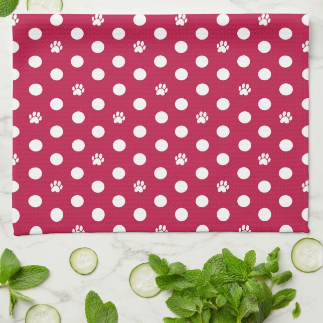 Linge De Cuisine Whimsical Polka Dot Chien Empreinte de patte Rouge (Plié)
