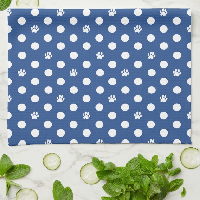 Linge De Cuisine Whimsical Polka Dot Dog Empreinte de patte Bleu (Plié)