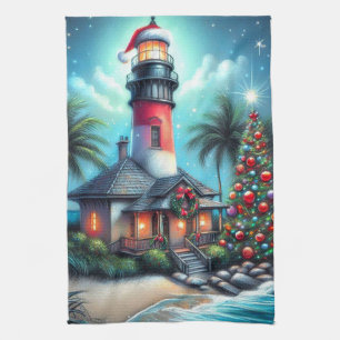 Linge De Cuisine Whimsical Tropical Christmas Lighthouse Turquoise