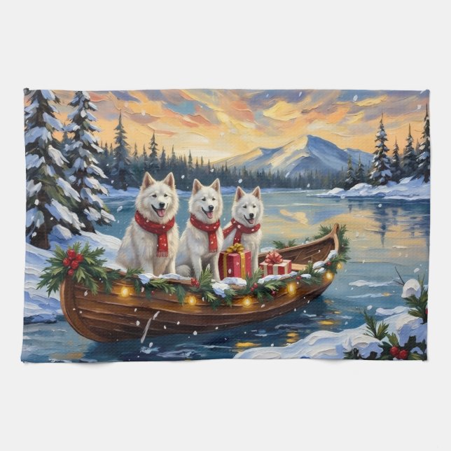 Linge De Cuisine White American Eskimo Dog Christmas Boat Holiday (Horizontal)