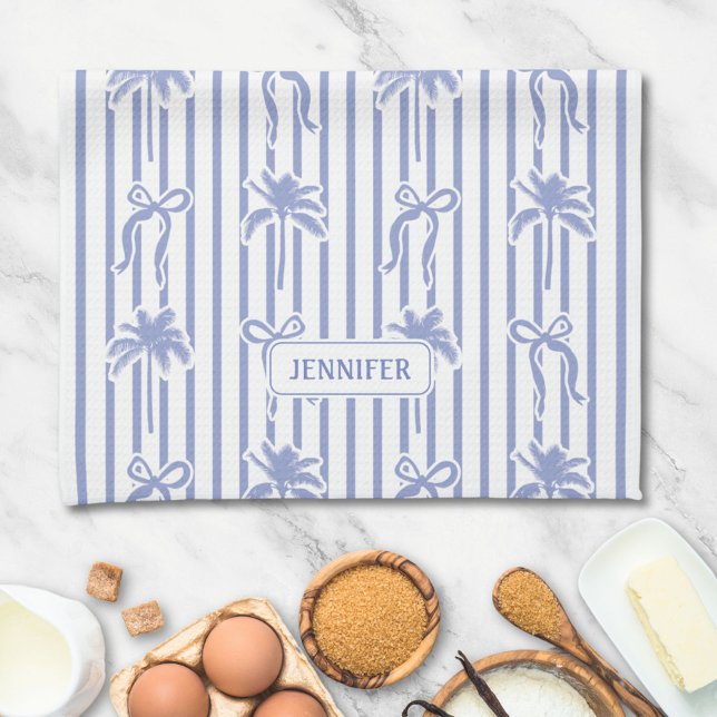 Linge De Cuisine White Blue Coastal Chic Palm Trees Bows Stripes (In situ)