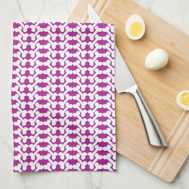 Linge De Cuisine White Dog Bone Herringbone Pattern Dark Magenta (Quart Plié)