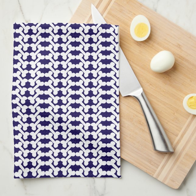 Linge De Cuisine White Dog Bone Herringbone Pattern Navy Blue (Quart Plié)