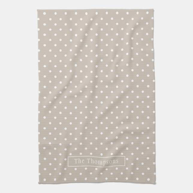 Linge De Cuisine White On Beige Polka Dots Pattern With Custom Name (Vertical)
