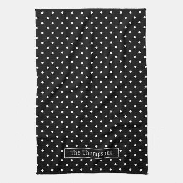 Linge De Cuisine White On Black Polka Dots Pattern With Custom Name (Vertical)