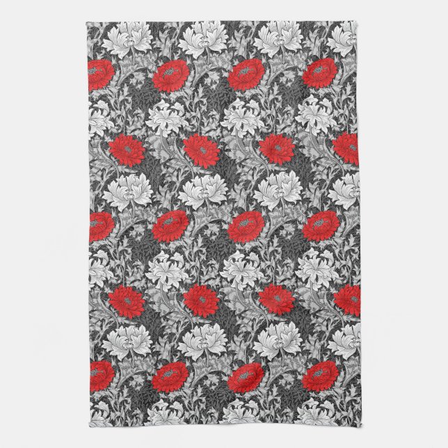 Linge De Cuisine William Morris Chrysanthèmes, gris et rouge (Vertical)