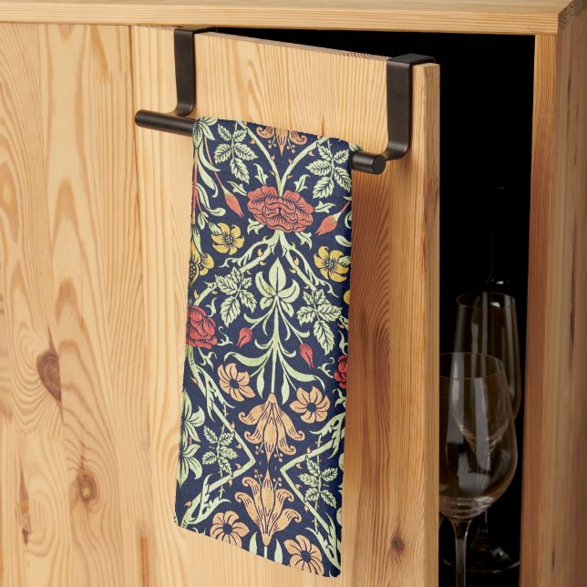 Linge De Cuisine William Morris Fleurs Feuillage Vert Jaune Rouge R (Pliage en tiers)