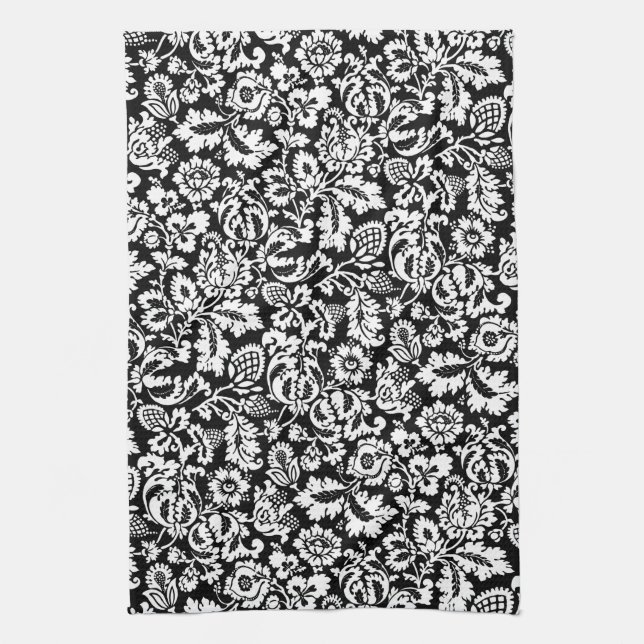 Linge De Cuisine William Morris Floral Damask, blanc sur noir (Vertical)
