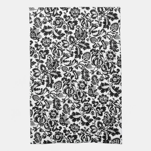Linge De Cuisine William Morris Floral Damask, noir sur blanc (Vertical)
