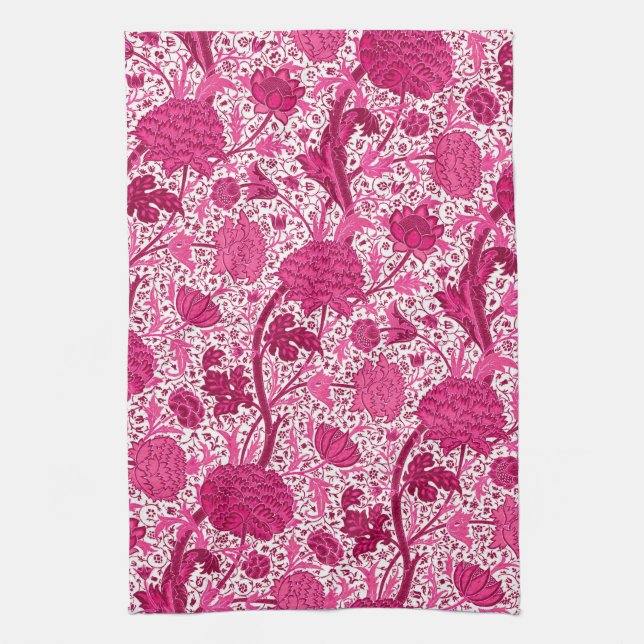Linge De Cuisine William Morris Floral, Fuchsia rose et blanc (Vertical)