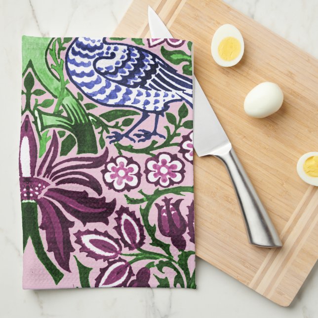 Linge De Cuisine William Morris Folk Art Oiseaux Fleurs Acorns (Quart Plié)