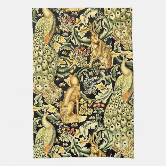 Linge De Cuisine William Morris Forêt Tapisserie Fox Hare Peacock (Vertical)