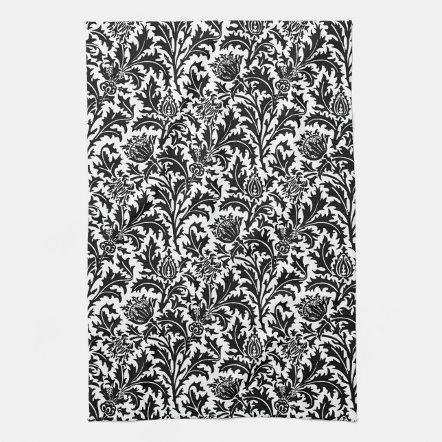 Linge De Cuisine William Morris Thistle Damask, noir sur blanc   (Vertical)