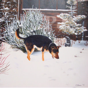Linge De Cuisine Winter snow scene with cute black and tan dog